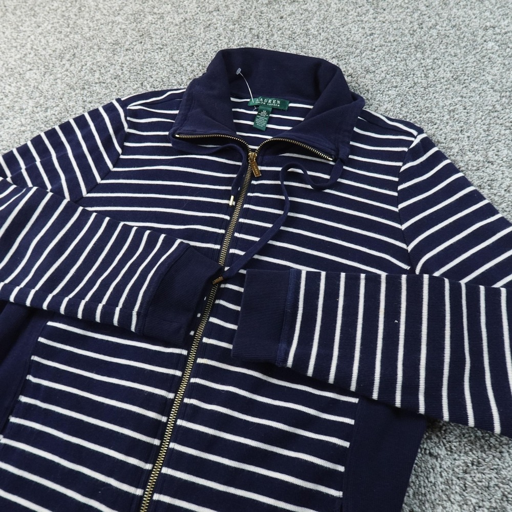 Ralph Lauren Cardigan Womens 1X Blue Striped Full Zip Mock Neck Sweater Jacket